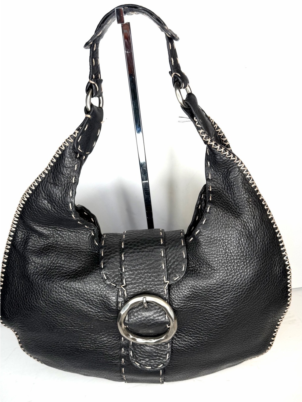 Donald J. Plainer Black Leather Hobo Shoulder Bag with Contrasting Stitching